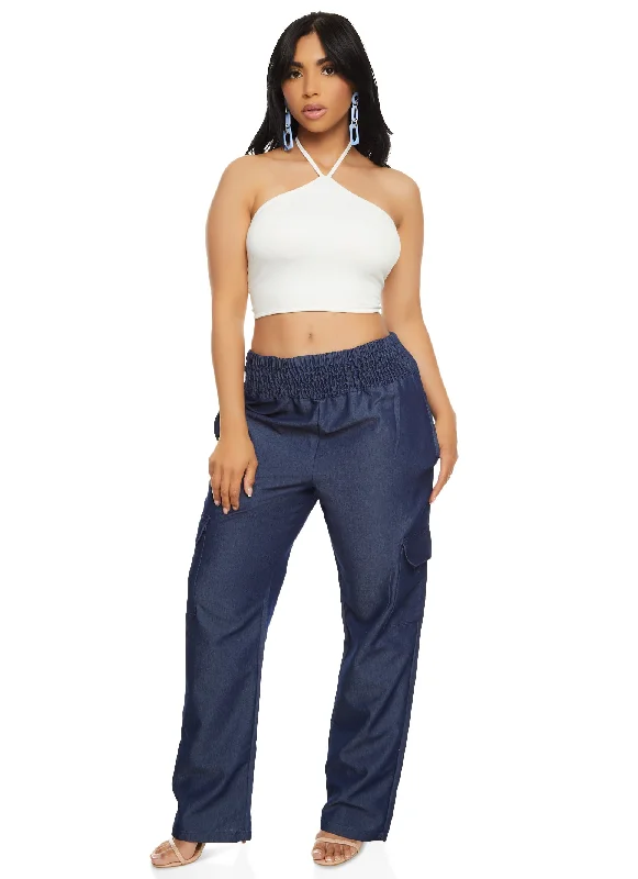 Smocked Waist Straight Cargo Pants