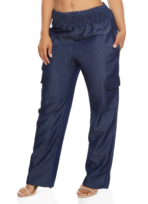 Smocked Waist Straight Cargo Pants