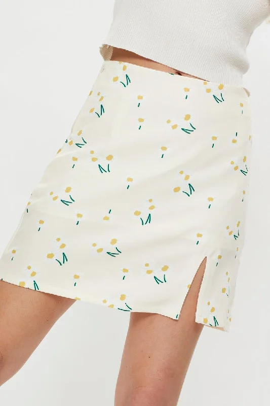 Print Front Split Mini Skirt