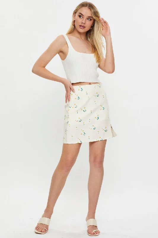 Print Front Split Mini Skirt