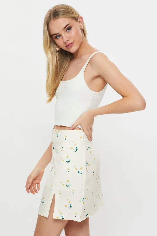 Print Front Split Mini Skirt