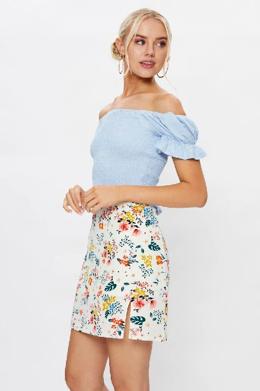 Print Front Split Mini Skirt