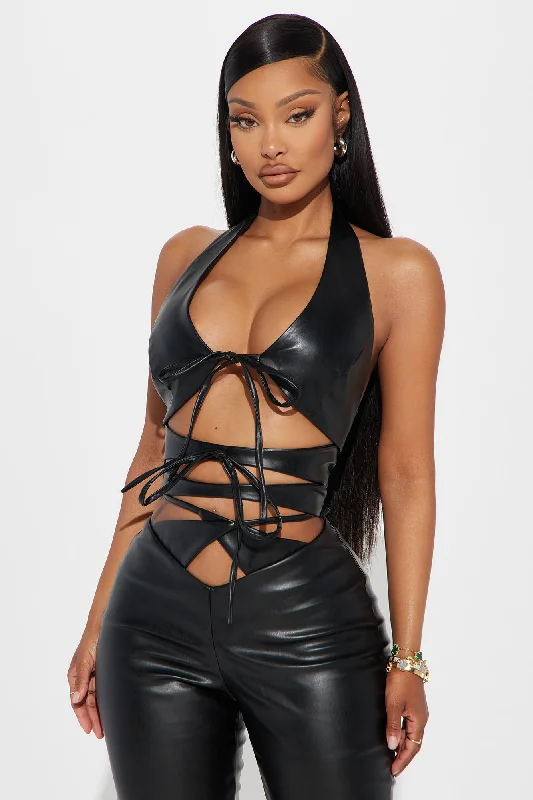 Super Down Faux Leather Jumpsuit - Black