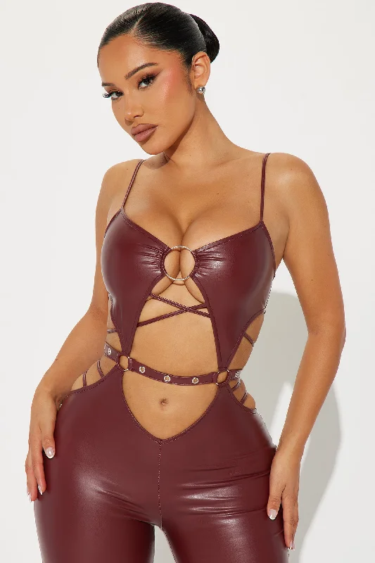 Take Over Faux Leather Jumpsuit - Burgundy