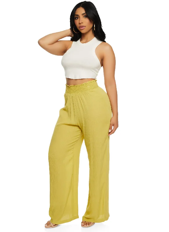 Smocked Waist Wide Leg Pull On Pants