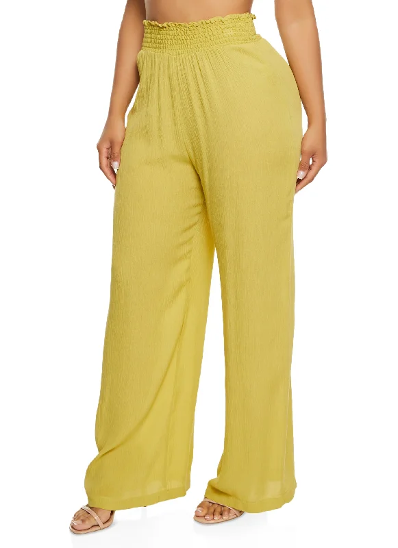 Smocked Waist Wide Leg Pull On Pants