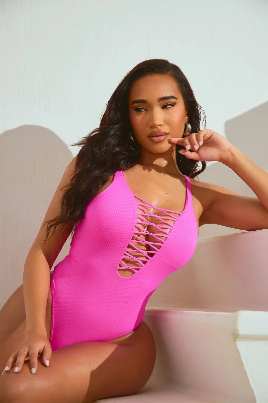 Best Summer Days Ribbed Lace Up 1 Piece Swimsuit - Hot Pink