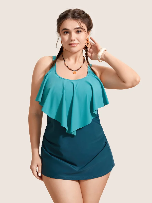 Contrast Ruffles Adjustable Straps Swim Top