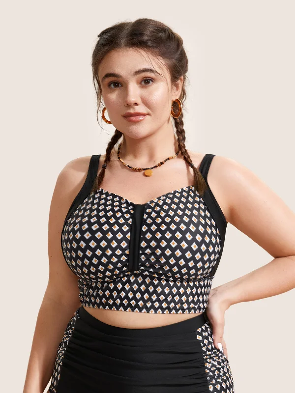 Geometric Heart Neckline Ruched Swim Top