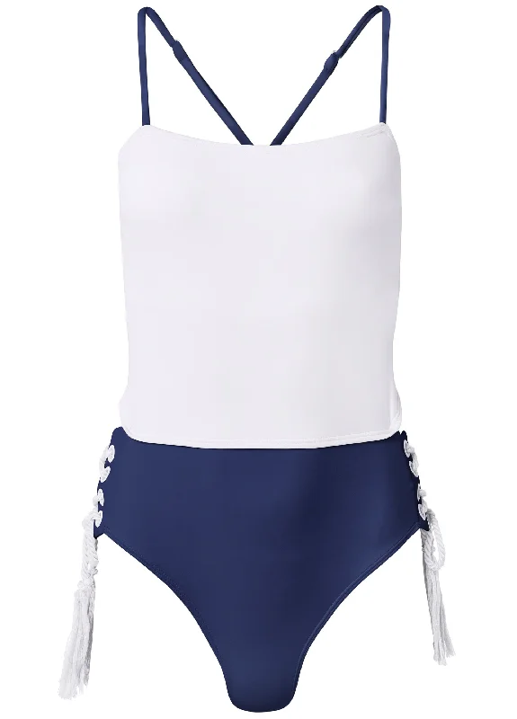 Bandeau rope trim one-piece - Navy Blue & White