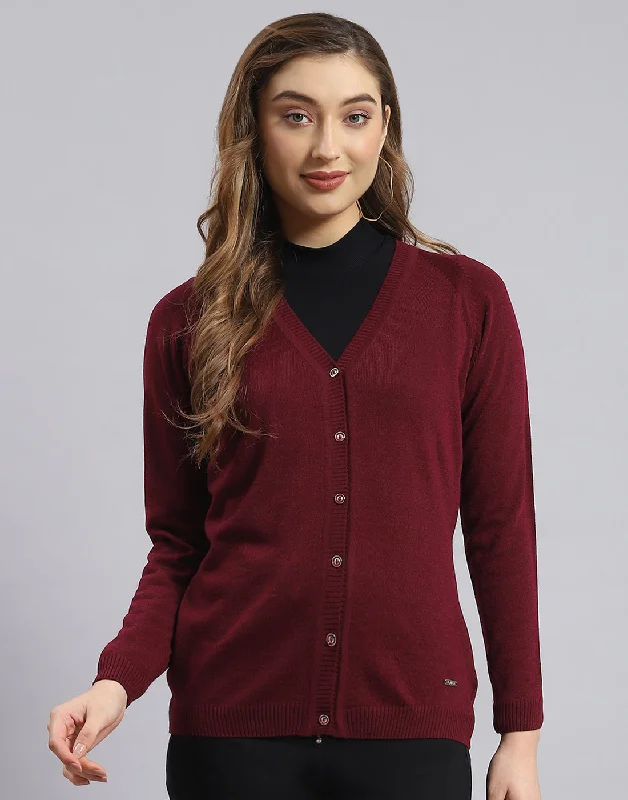 Women Maroon Solid V Neck Full Sleeve Sweater