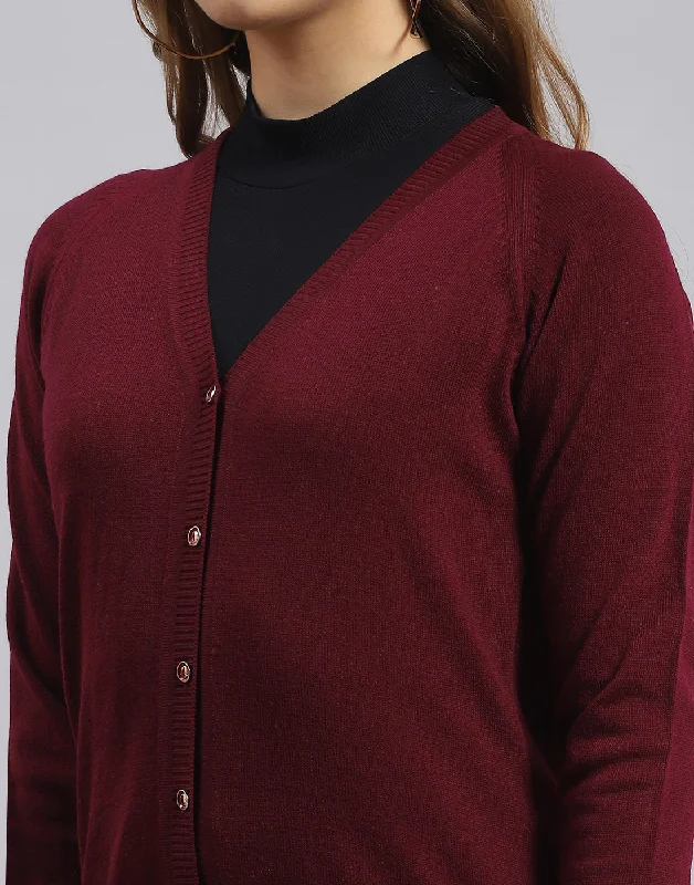 Women Maroon Solid V Neck Full Sleeve Sweater