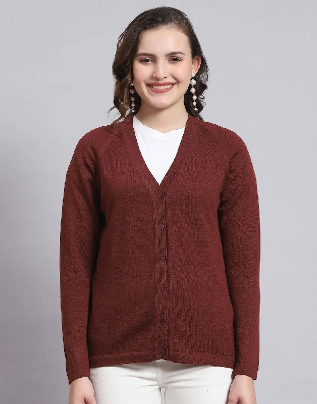 Women Maroon Solid V Neck Full Sleeve Sweater