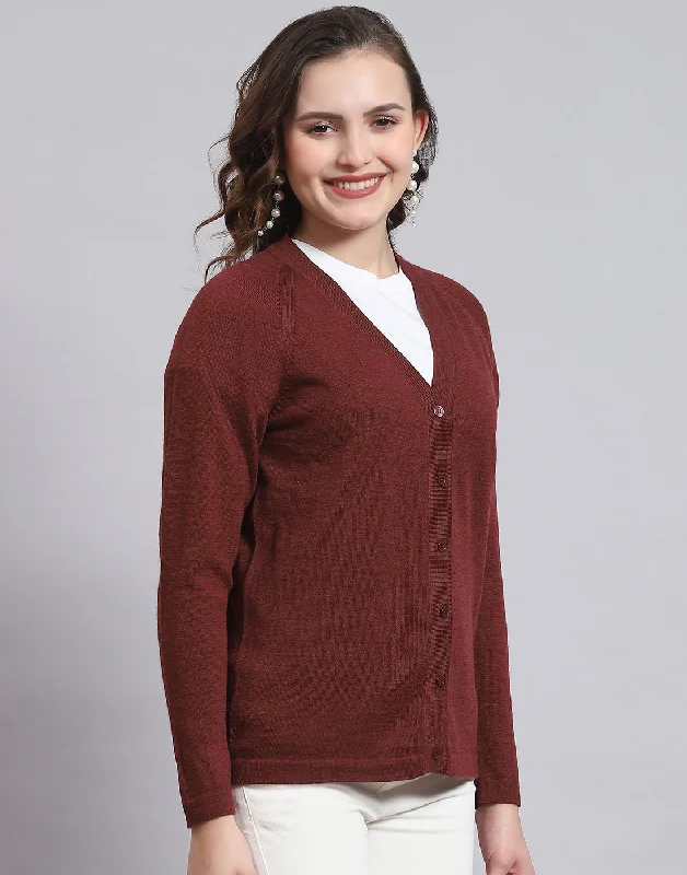 Women Maroon Solid V Neck Full Sleeve Sweater