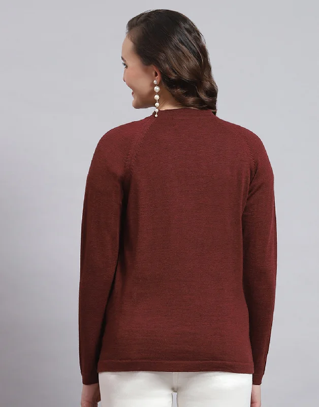 Women Maroon Solid V Neck Full Sleeve Sweater