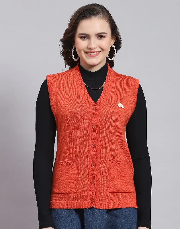 Women Orange Solid V Neck Sleeveless Sweater