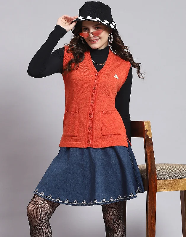 Women Orange Solid V Neck Sleeveless Sweater