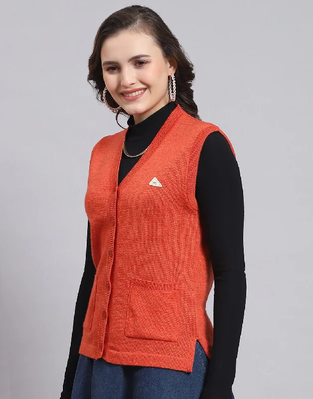 Women Orange Solid V Neck Sleeveless Sweater