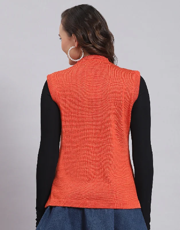 Women Orange Solid V Neck Sleeveless Sweater