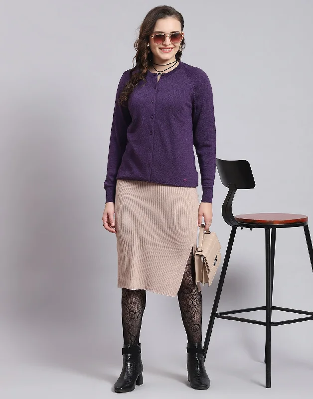 Women Purple Solid Round Neck Full Sleeve Sweater