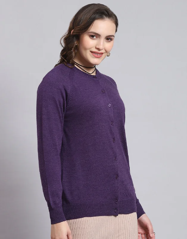 Women Purple Solid Round Neck Full Sleeve Sweater