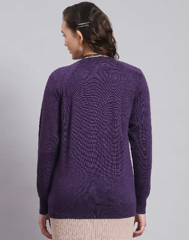 Women Purple Solid Round Neck Full Sleeve Sweater