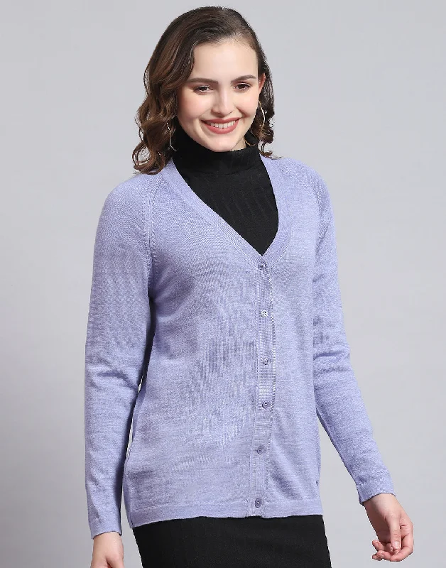 Women Purple Solid V Neck Full Sleeve Sweater