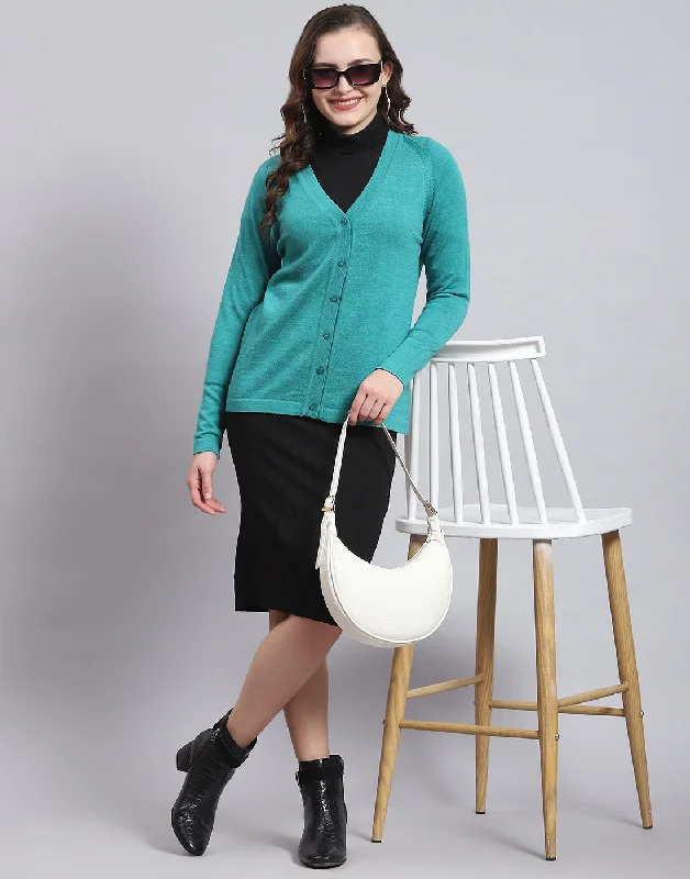 Women Turquoise Blue Solid V Neck Full Sleeve Sweater