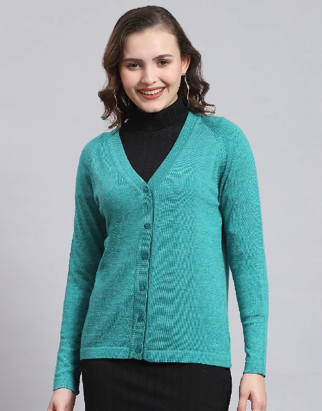 Women Turquoise Blue Solid V Neck Full Sleeve Sweater