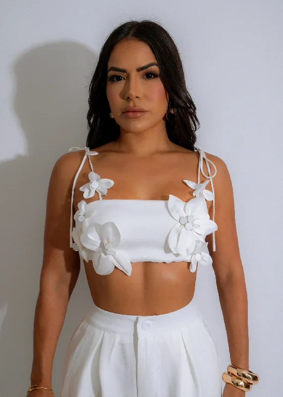 Petal Bloom Satin Crop Top White