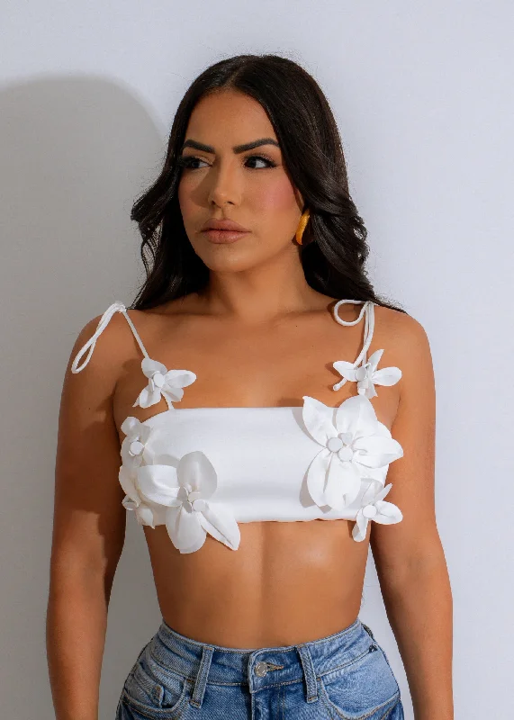 Petal Bloom Satin Crop Top White