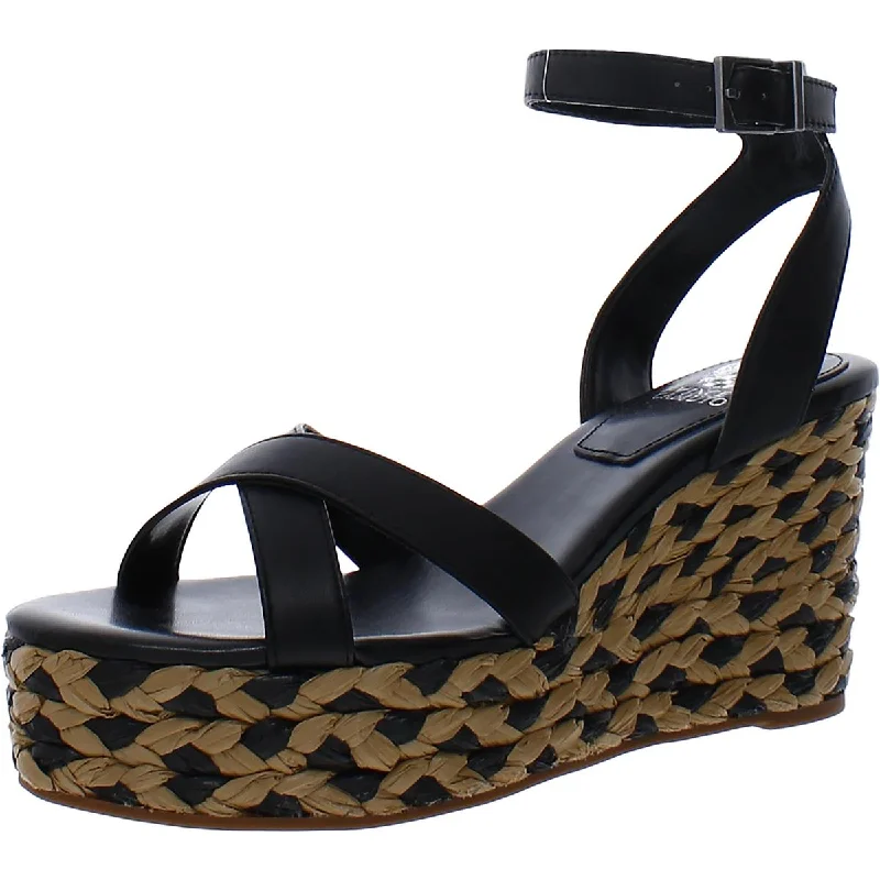 Fettana Womens Leather Criss-Cross Wedge Sandals