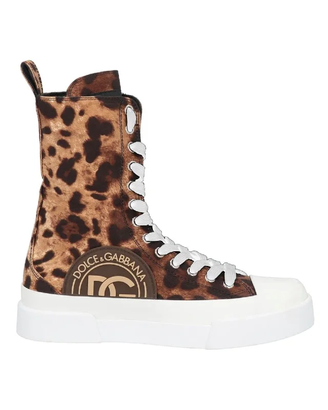 Dolce & Gabbana Leopard Print High Top Sneakers with Rubber Toe and White Laces