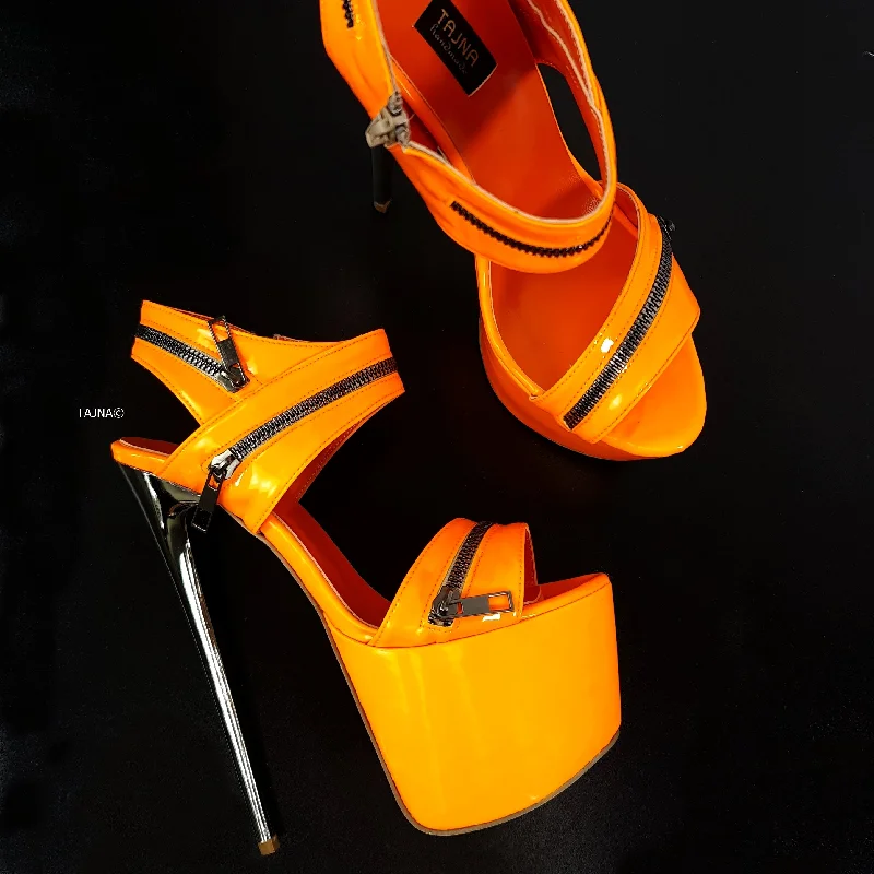 Orange Gloss Zipper Detail Sandals