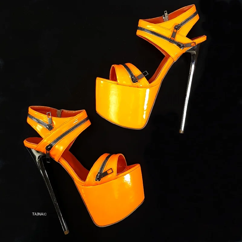 Orange Gloss Zipper Detail Sandals