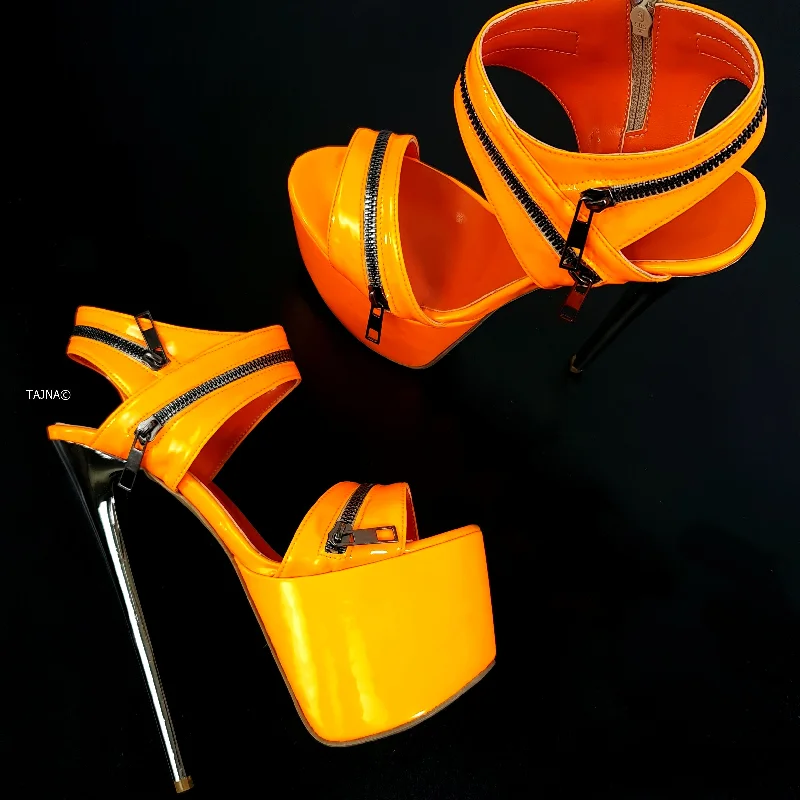 Orange Gloss Zipper Detail Sandals