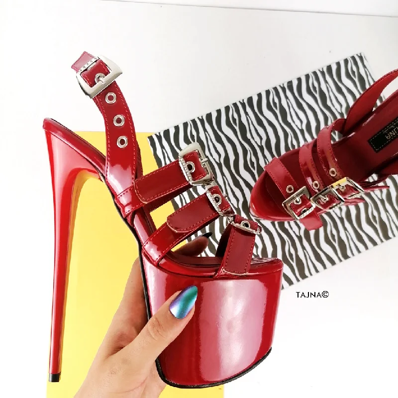 Red Triple Belted High Heel Sandals