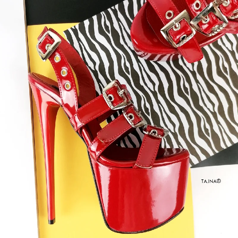 Red Triple Belted High Heel Sandals