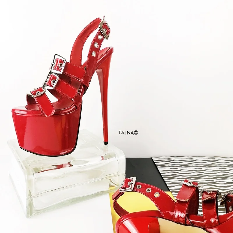 Red Triple Belted High Heel Sandals