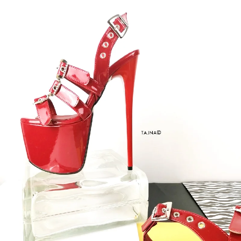 Red Triple Belted High Heel Sandals