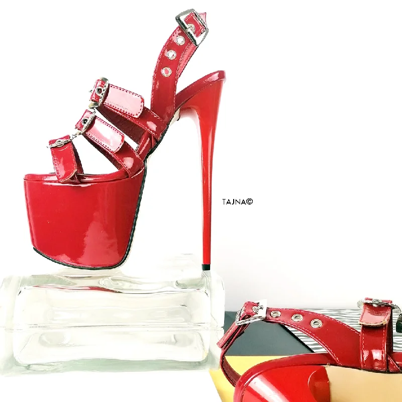 Red Triple Belted High Heel Sandals