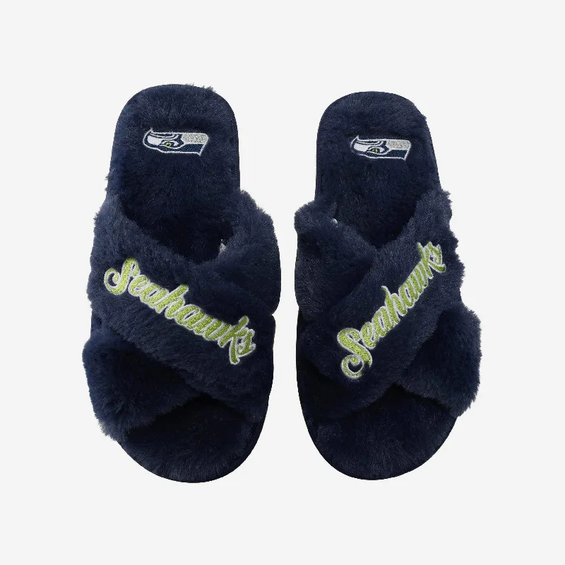 Seattle Seahawks Womens Script Wordmark Fur Cross Slide